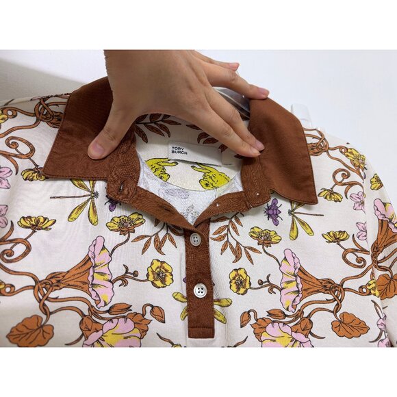 Tory Burch Ivory Rabbit Field Printed Mercerized Polo T Shirt Floral Bunny M - Picture 8 of 15